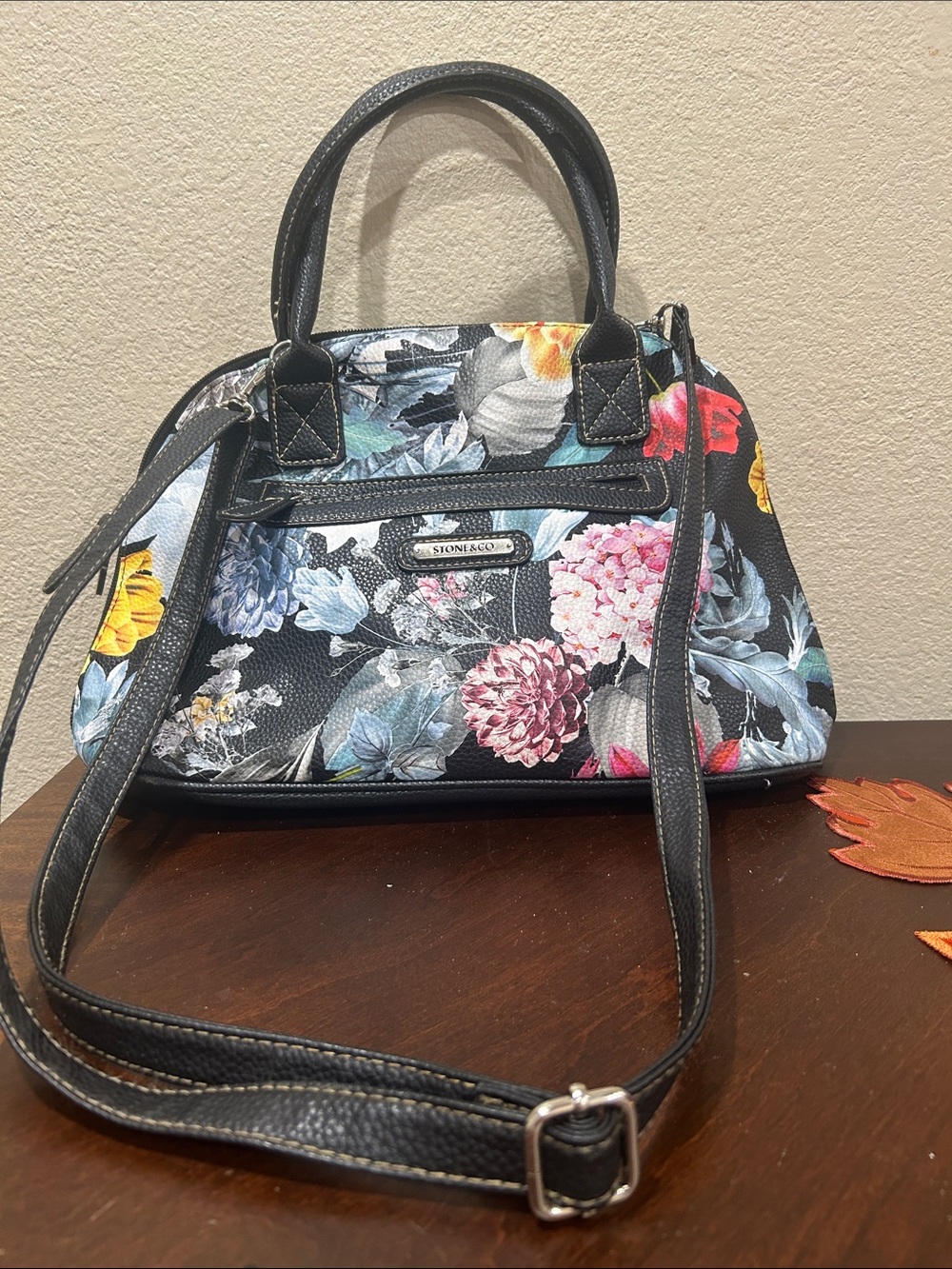Stone & Co. Black Floral Dome Satchel with Multicolor Blooms